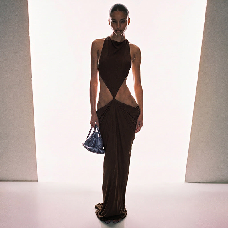 Brown Halter Slit Maxi Dress