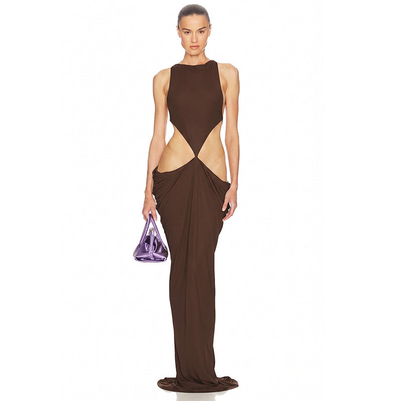 Brown Halter Slit Maxi Dress