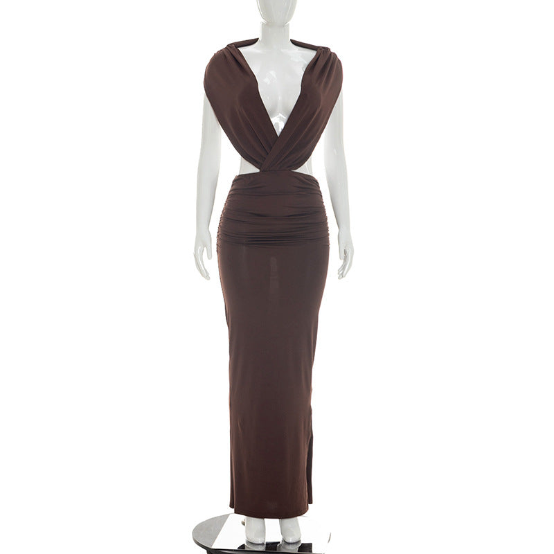 Mocha Deep-V Cutout Maxi Dress
