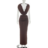 Mocha Deep-V Cutout Maxi Dress
