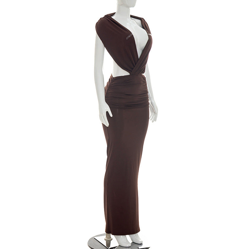 Mocha Deep-V Cutout Maxi Dress