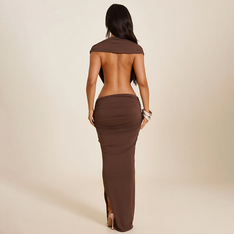 Mocha Deep-V Cutout Maxi Dress