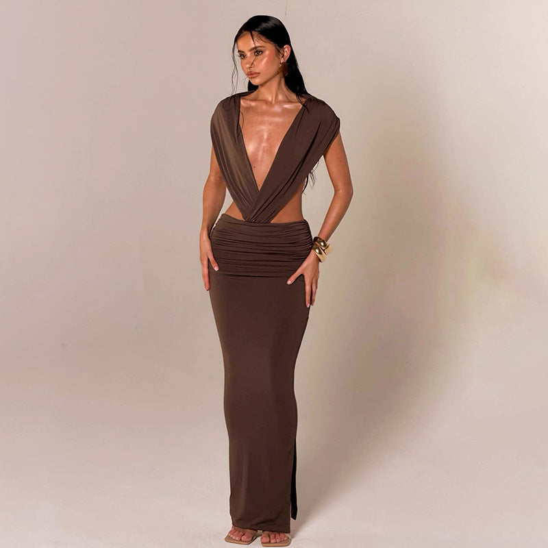 Mocha Deep-V Cutout Maxi Dress