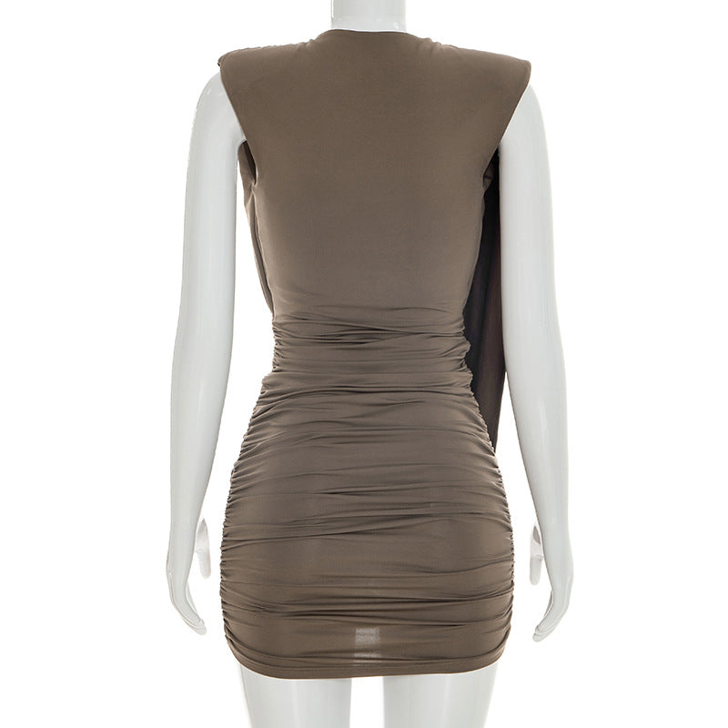 Taupe Asymmetric Draped Mini Dress