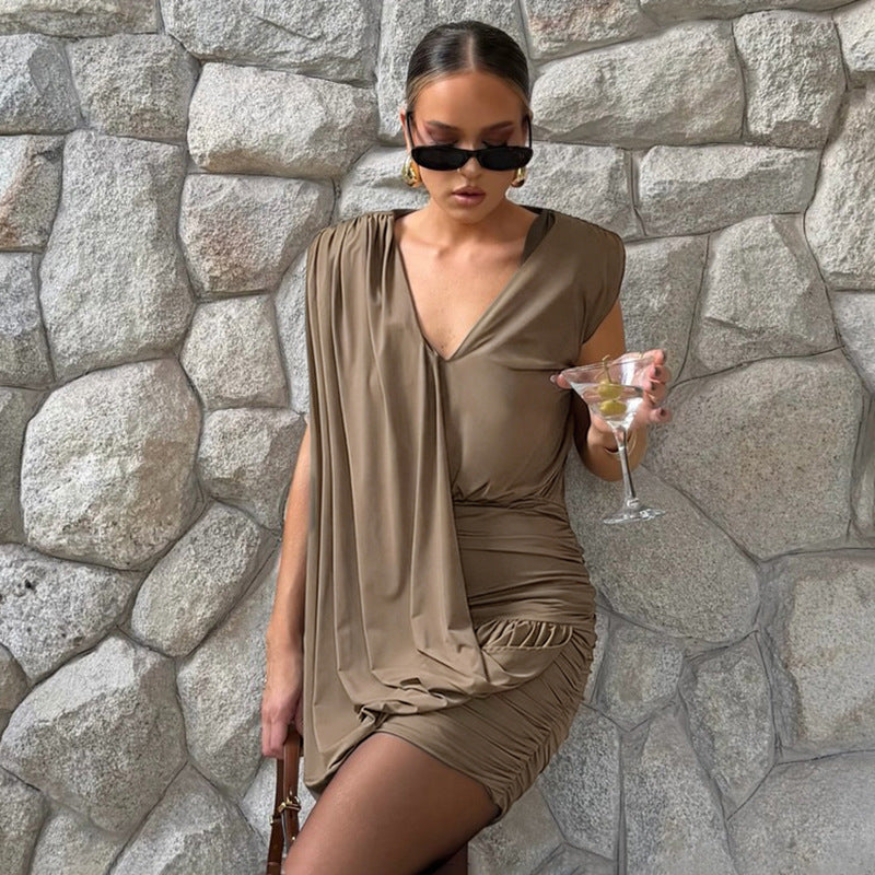 Taupe Asymmetric Draped Mini Dress