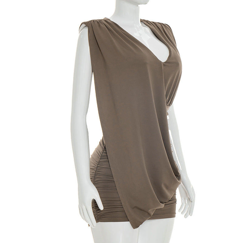 Taupe Asymmetric Draped Mini Dress
