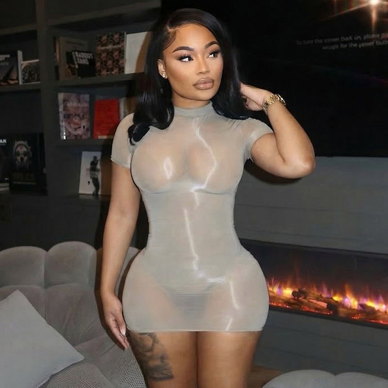 Semi-Sheer High-Neck Gray Mini Dress