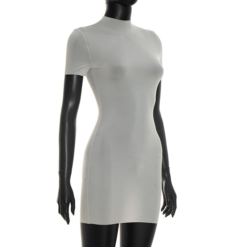 Semi-Sheer High-Neck Gray Mini Dress