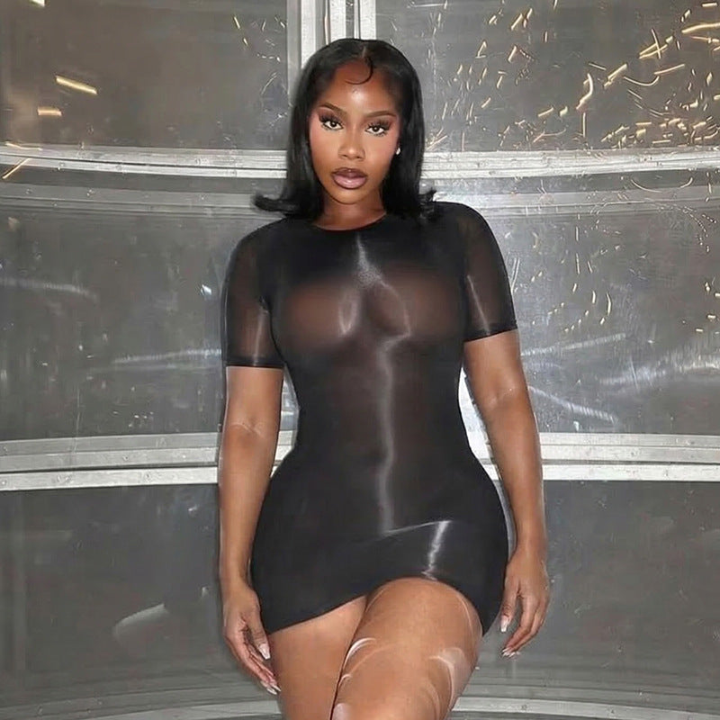 Semi-Sheer High-Neck Gray Mini Dress