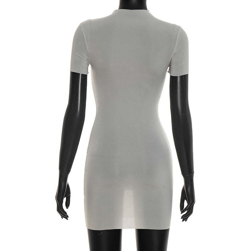Semi-Sheer High-Neck Gray Mini Dress