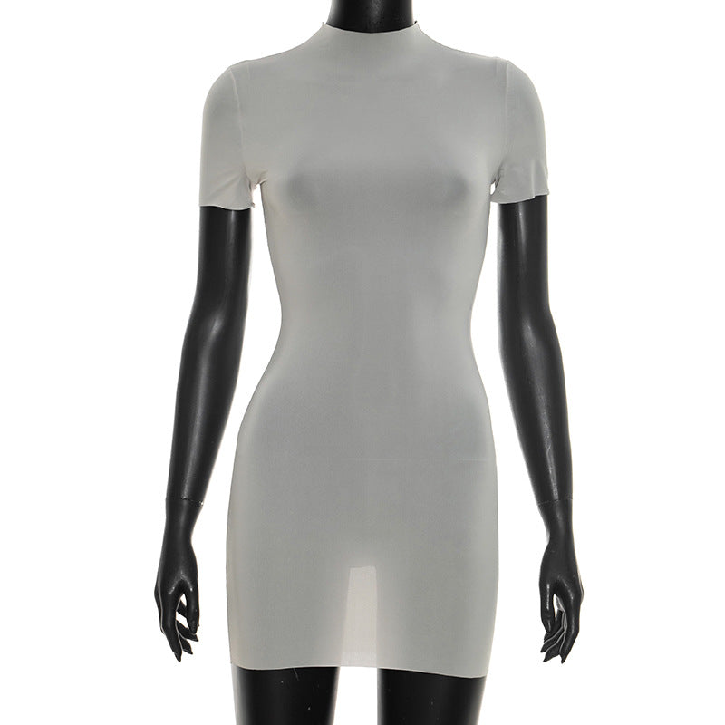 Semi-Sheer High-Neck Gray Mini Dress