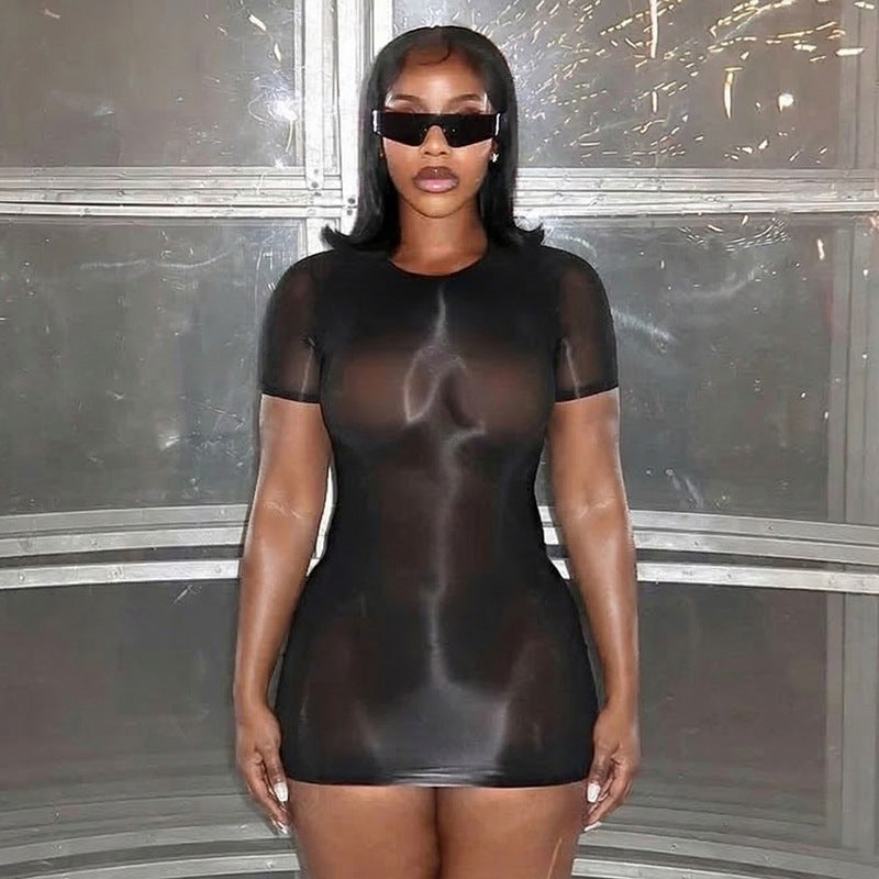 Semi-Sheer High-Neck Gray Mini Dress