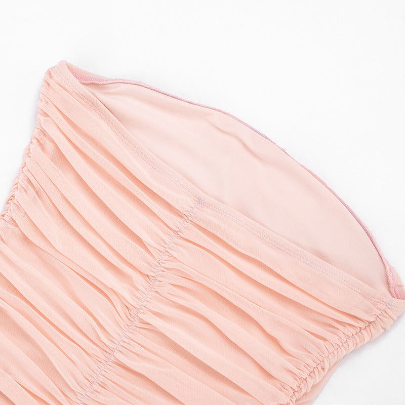 Peach Draped Strapless Mesh Mini Dress