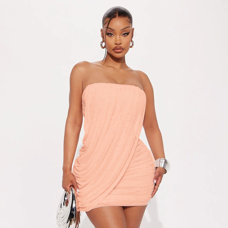 Peach Draped Strapless Mesh Mini Dress