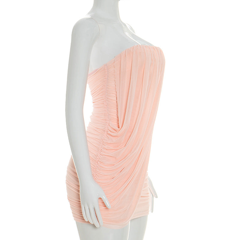 Peach Draped Strapless Mesh Mini Dress