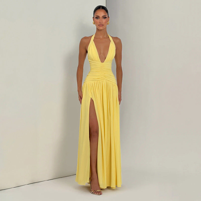 Canary Yellow Halter Slit Maxi Dress
