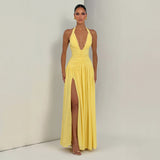 Canary Yellow Halter Slit Maxi Dress