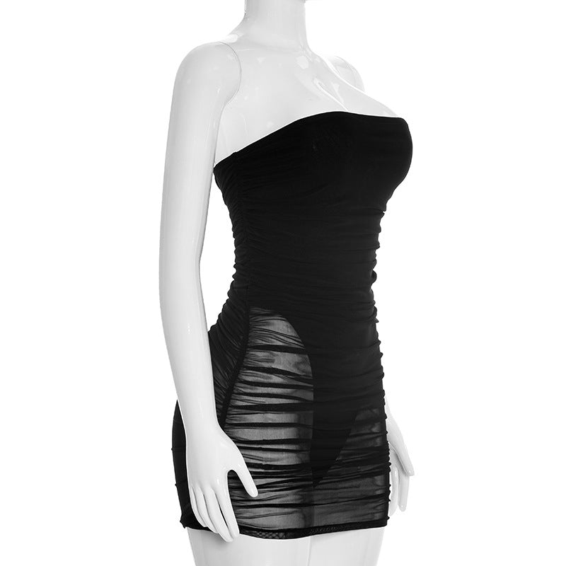 Women's Strapless Mesh Bodycon Mini Dress – Sexy Black Ruched Tube Club Dress