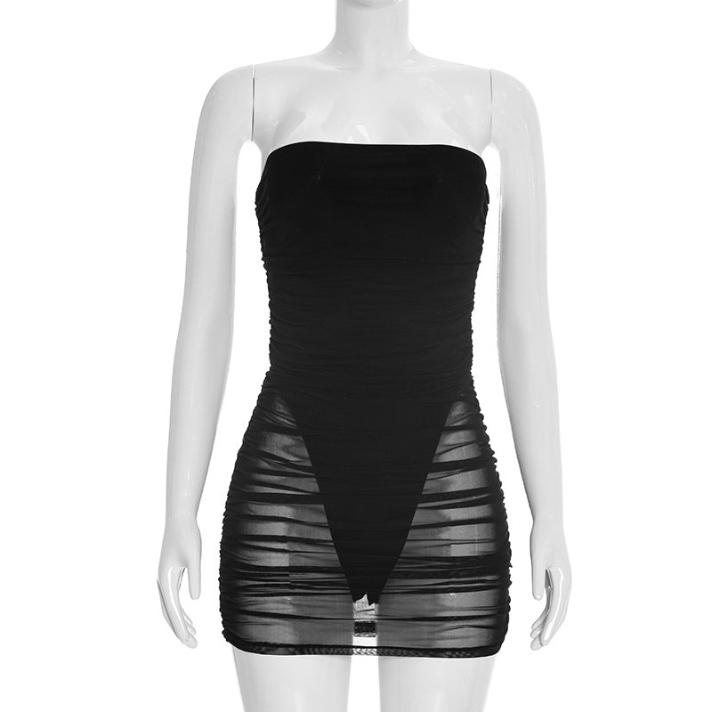 Women's Strapless Mesh Bodycon Mini Dress – Sexy Black Ruched Tube Club Dress