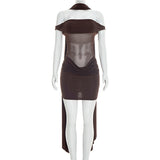 Women's Elegant Off-the-Shoulder Mesh Mini Dress – Chocolate Brown Drape Detail Club Dress