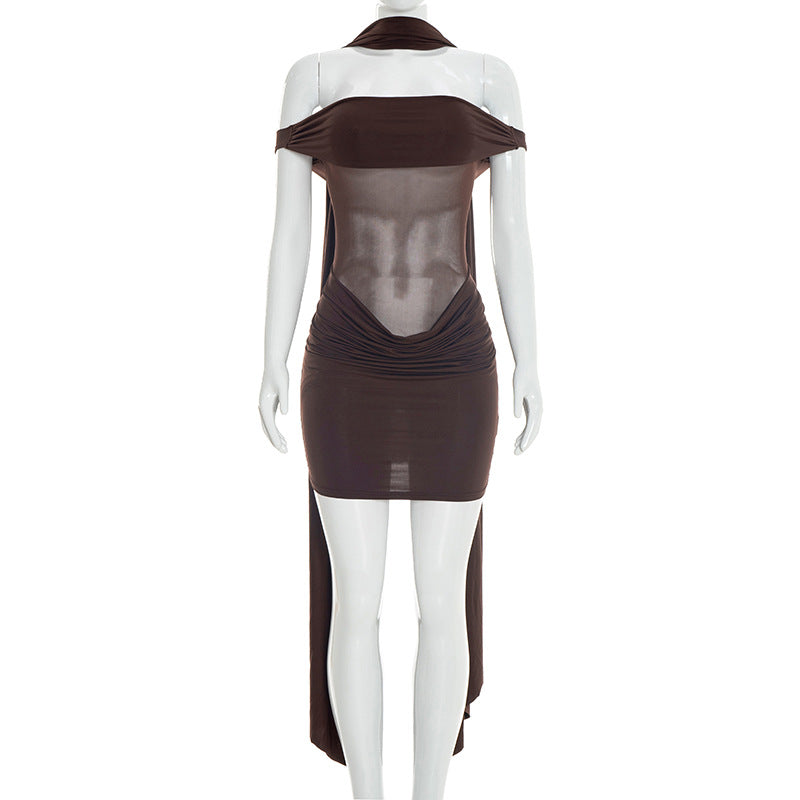Women's Elegant Off-the-Shoulder Mesh Mini Dress – Chocolate Brown Drape Detail Club Dress