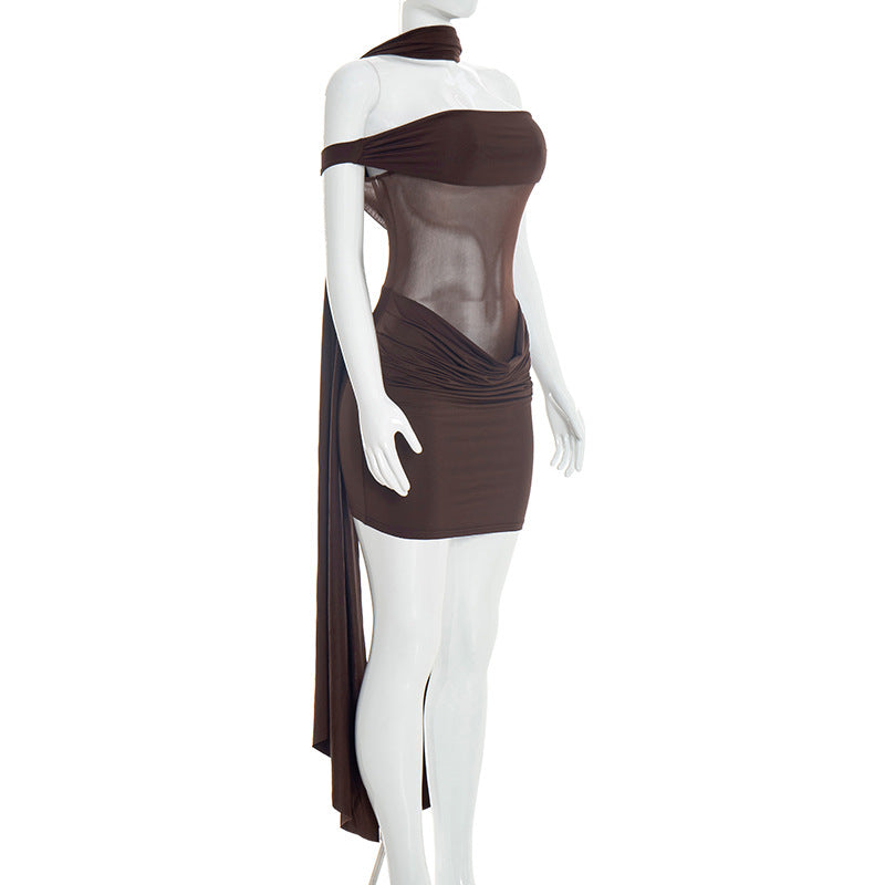 Women's Elegant Off-the-Shoulder Mesh Mini Dress – Chocolate Brown Drape Detail Club Dress
