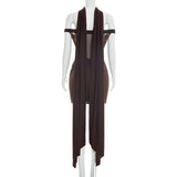 Women's Elegant Off-the-Shoulder Mesh Mini Dress – Chocolate Brown Drape Detail Club Dress