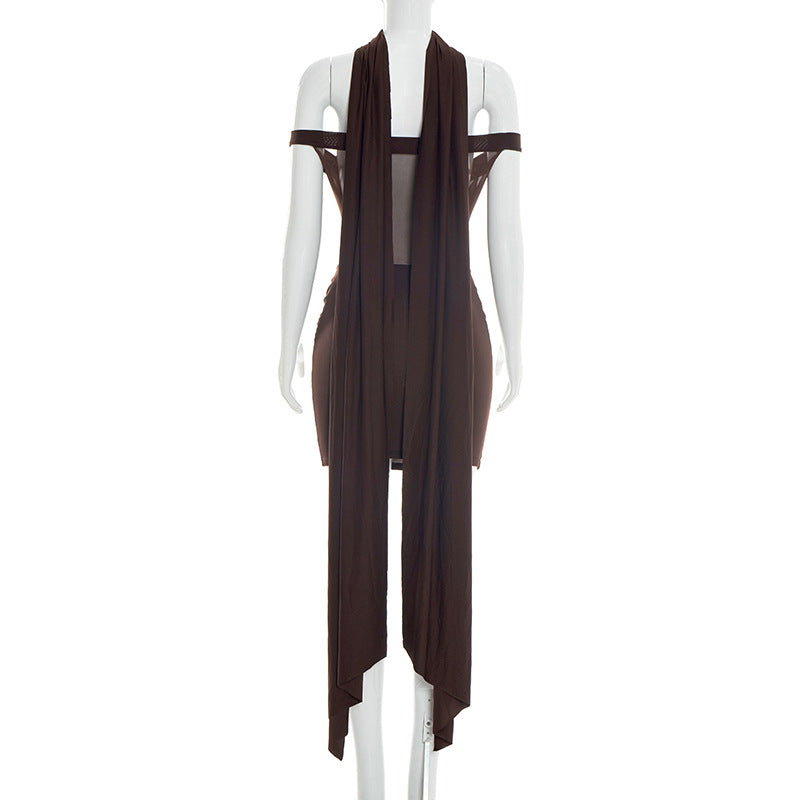 Women's Elegant Off-the-Shoulder Mesh Mini Dress – Chocolate Brown Drape Detail Club Dress