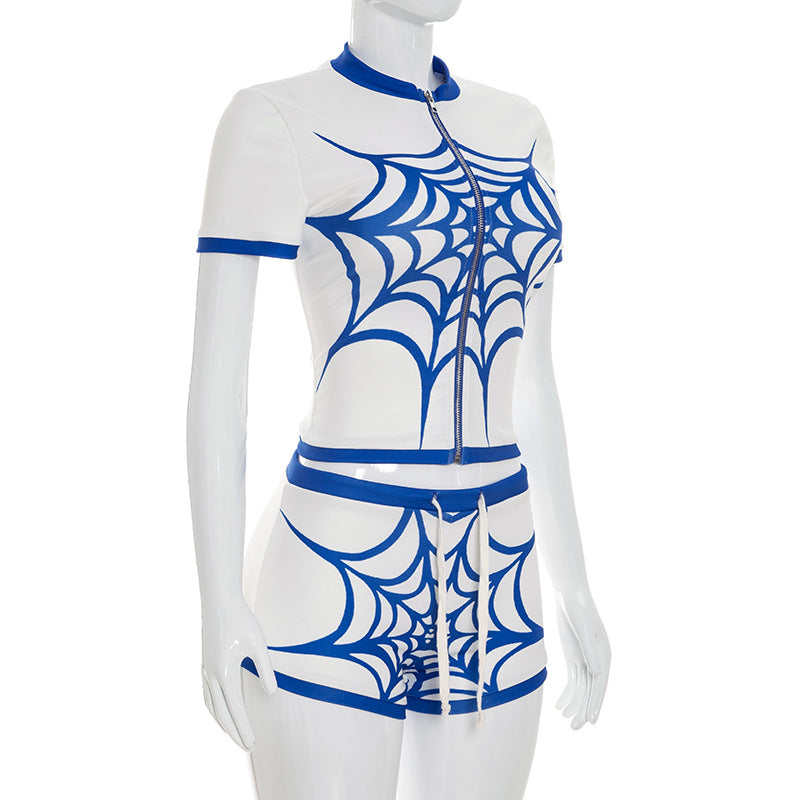 Women's Spider Web Zip-Up Short Set