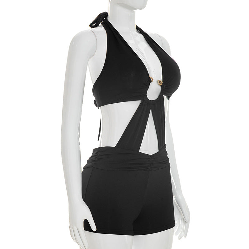 Women`s Cutout Halter Romper Shorts Set