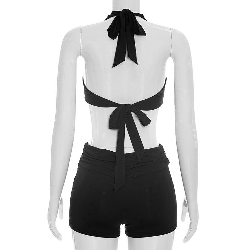 Women`s Cutout Halter Romper Shorts Set