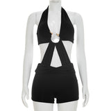 Women`s Cutout Halter Romper Shorts Set