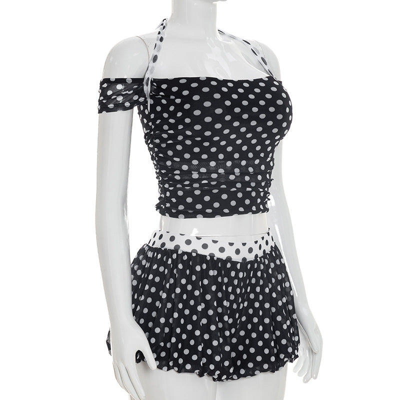 Women`s Polka Dot Crop Top Short Set
