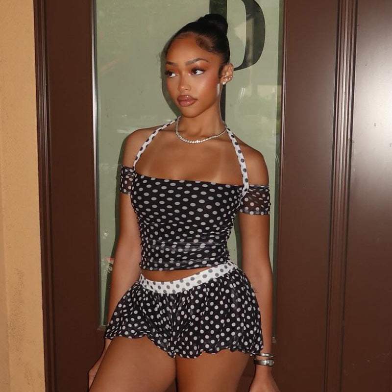 Women`s Polka Dot Crop Top Short Set