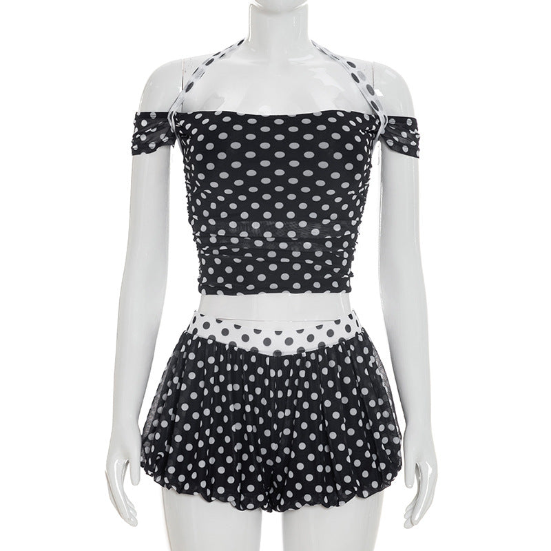 Women`s Polka Dot Crop Top Short Set