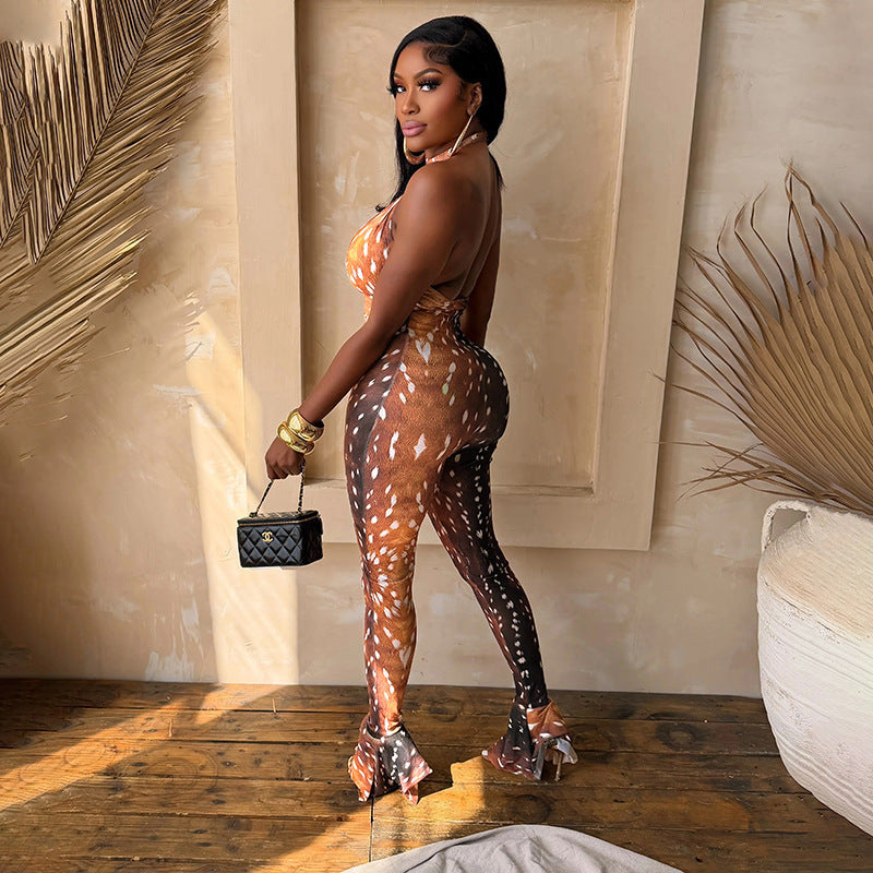 Women`s Sheer Print Bodycon Jumpsuit