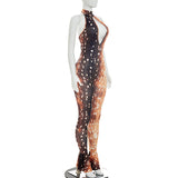 Women`s Sheer Print Bodycon Jumpsuit