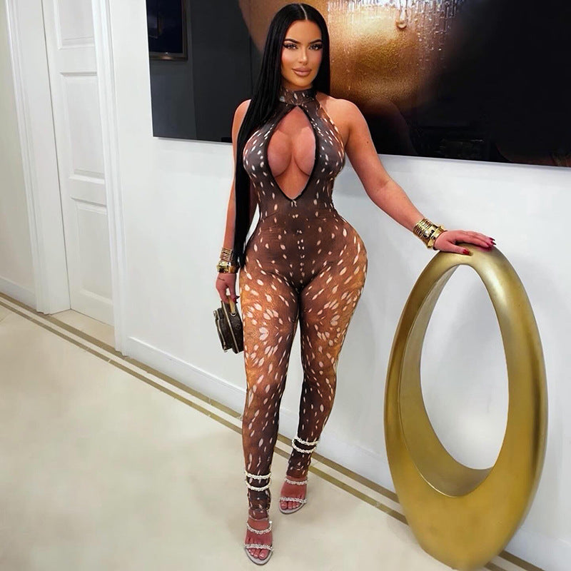 Women`s Sheer Print Bodycon Jumpsuit