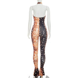 Women`s Sheer Print Bodycon Jumpsuit
