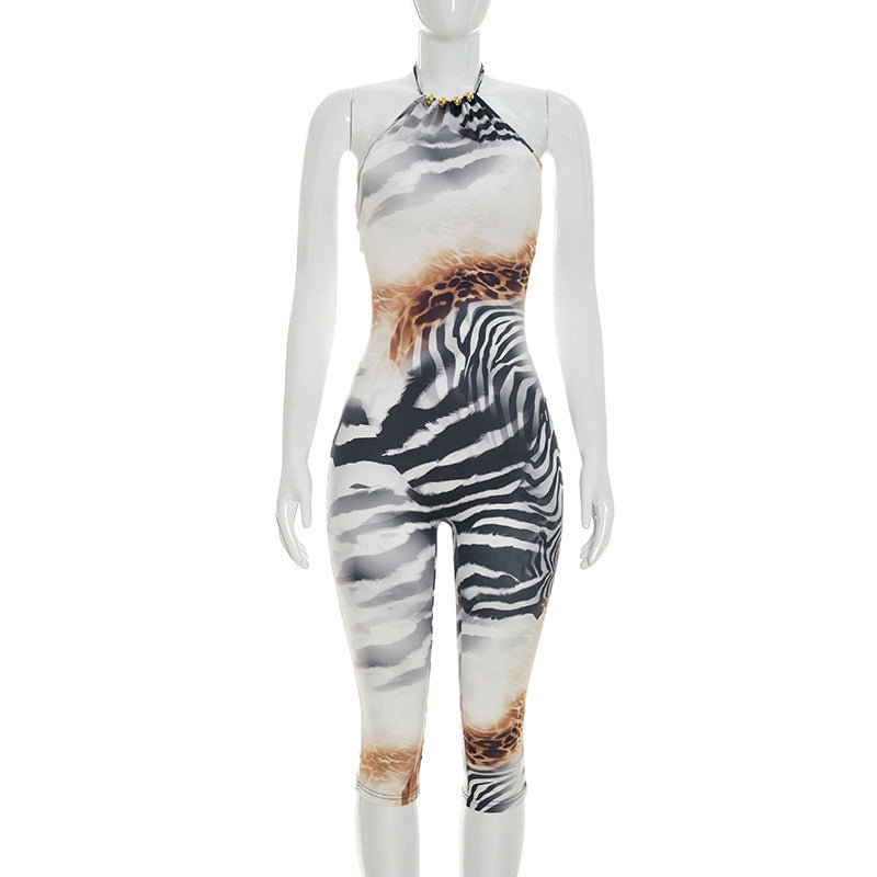 Women`s Zebra Print Capri Jumpsuit