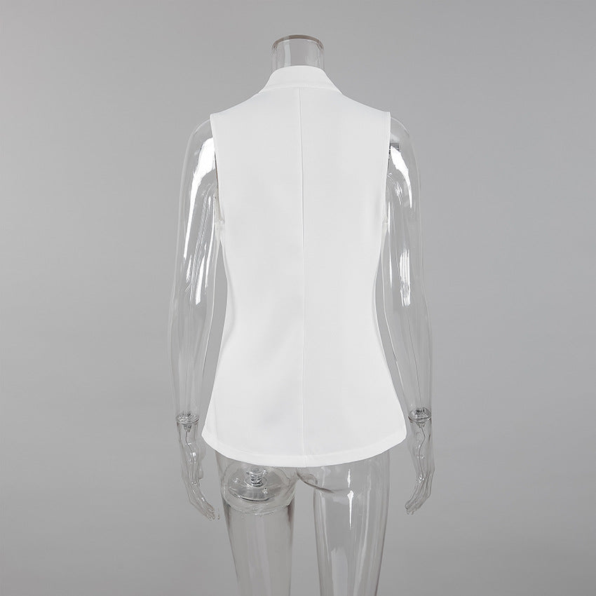 Chic White Mandarin Collar Sleeveless Vest Blazer