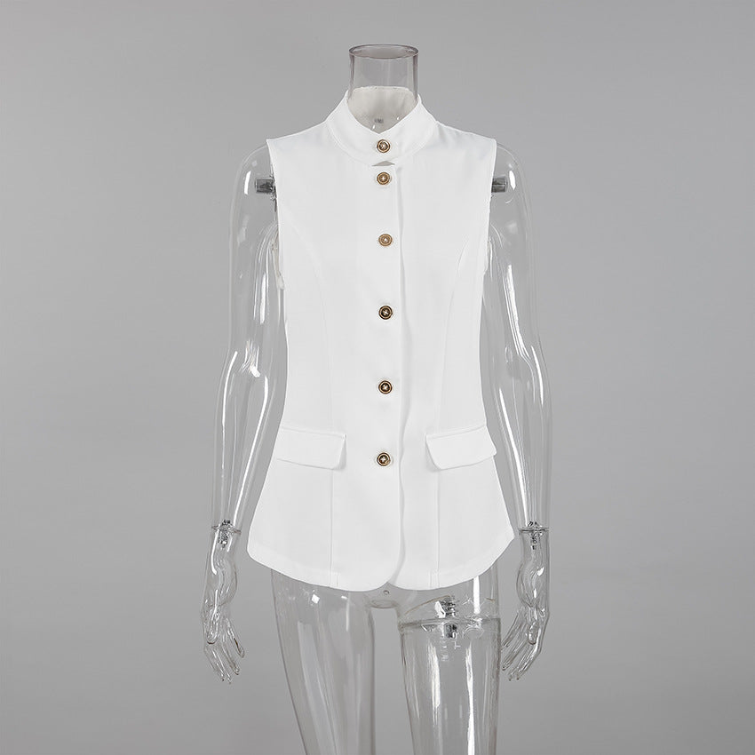 Chic White Mandarin Collar Sleeveless Vest Blazer