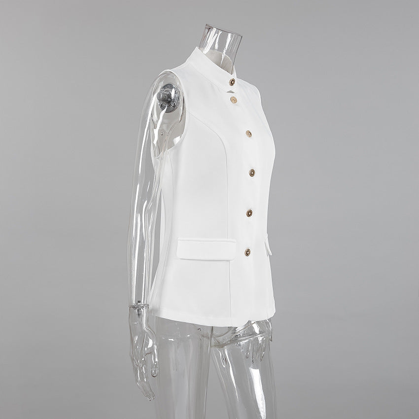 Chic White Mandarin Collar Sleeveless Vest Blazer