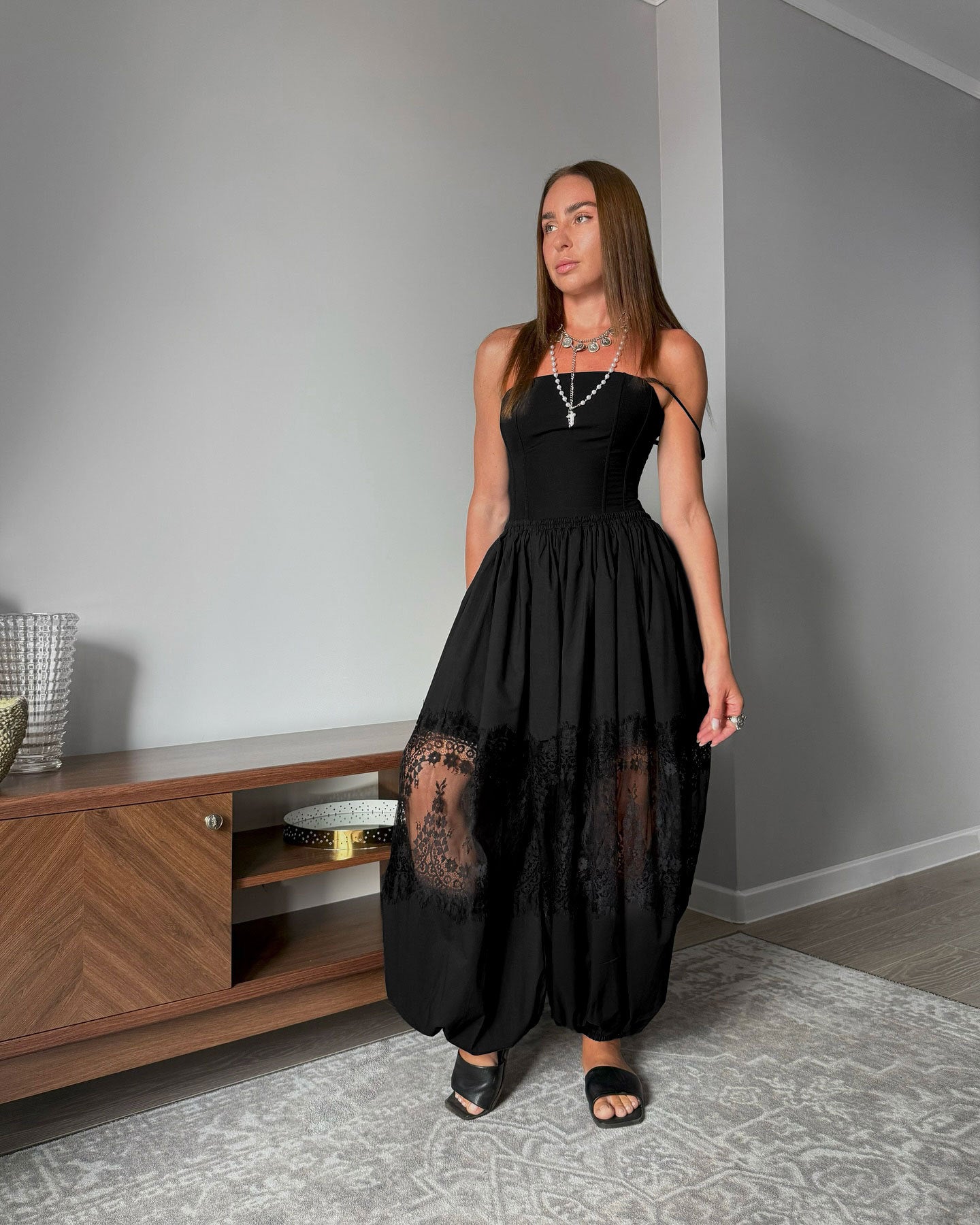 Elegant Black Lace Sheer Insert Harem Pants
