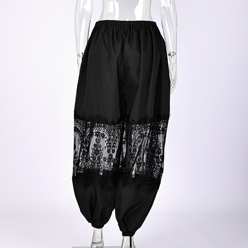 Elegant Black Lace Sheer Insert Harem Pants