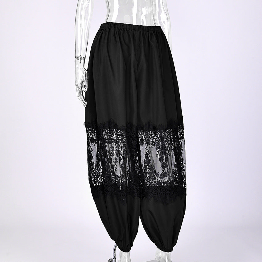 Elegant Black Lace Sheer Insert Harem Pants