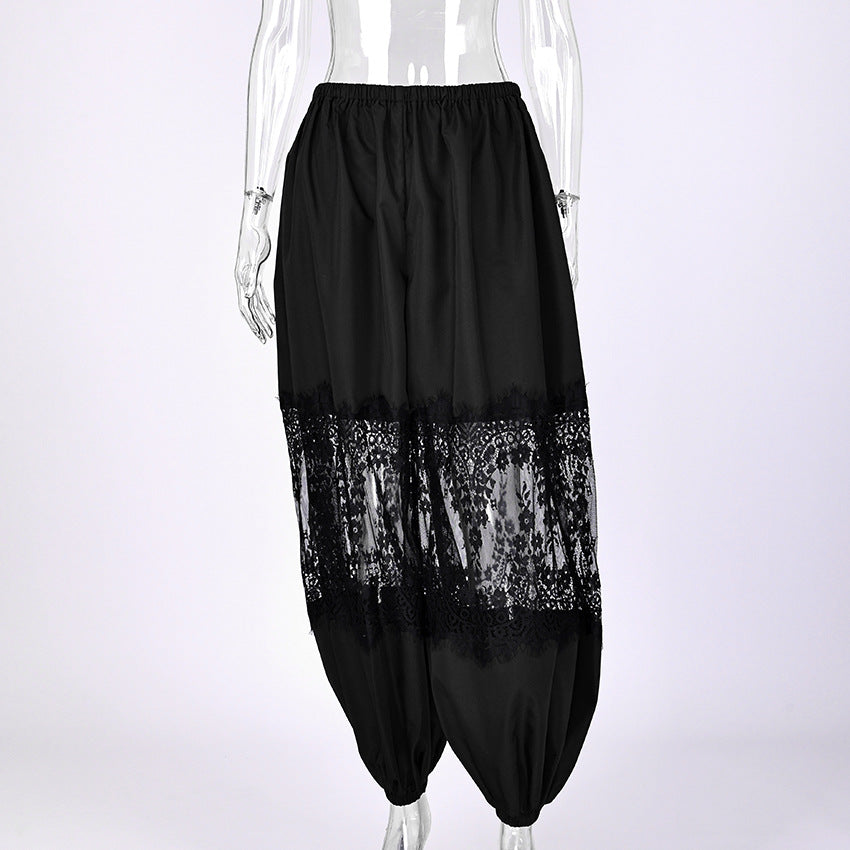 Elegant Black Lace Sheer Insert Harem Pants