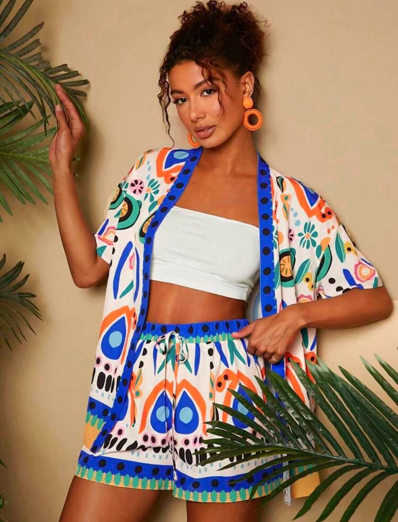 Vibrant Abstract Print Kimono and Shorts Set