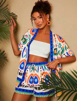 Vibrant Abstract Print Kimono and Shorts Set