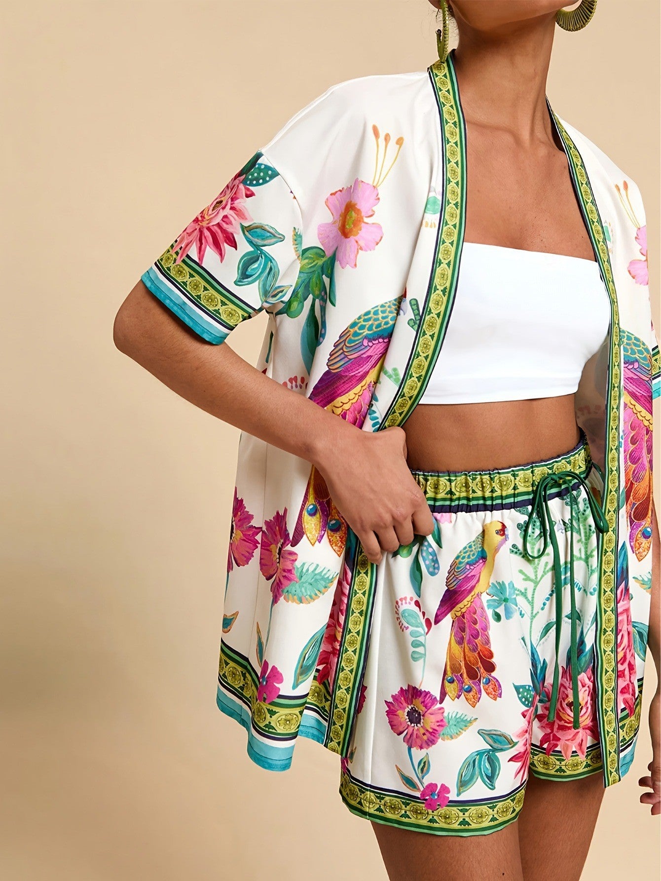 Vibrant Abstract Print Kimono and Shorts Set